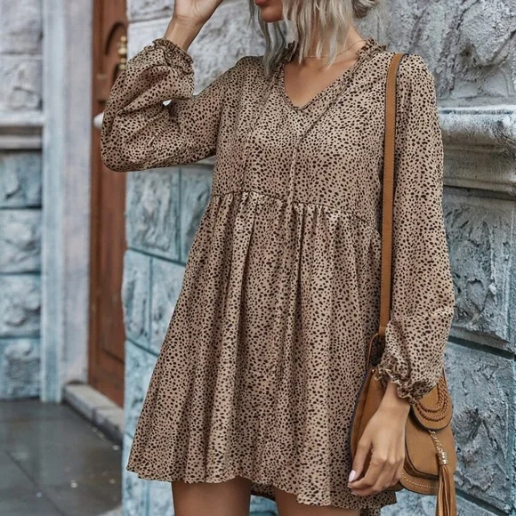 Boho Camel dalmatian v neck tie mini babydoll dress